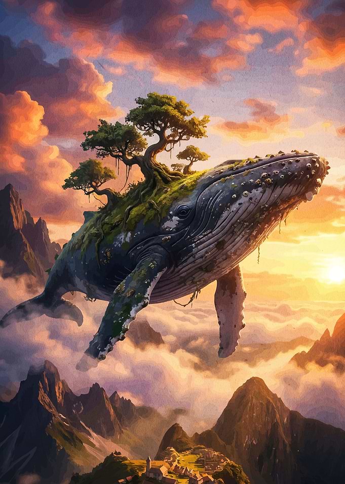 Majestic Flying Whale Over Mountain Village
