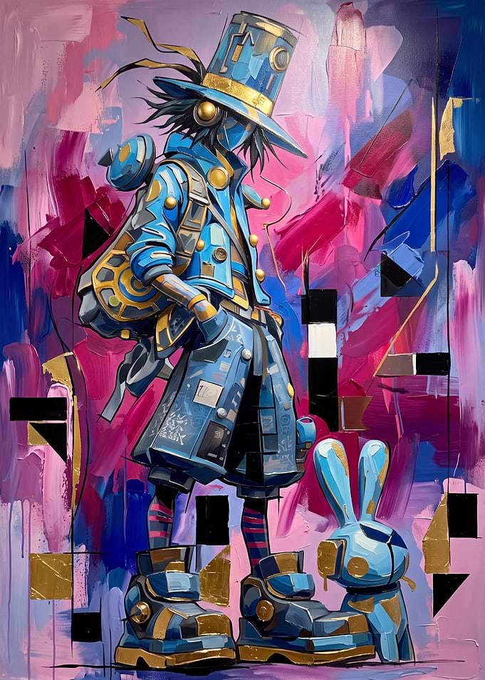 Cyberpunk Character with Blue Rabbit Companion