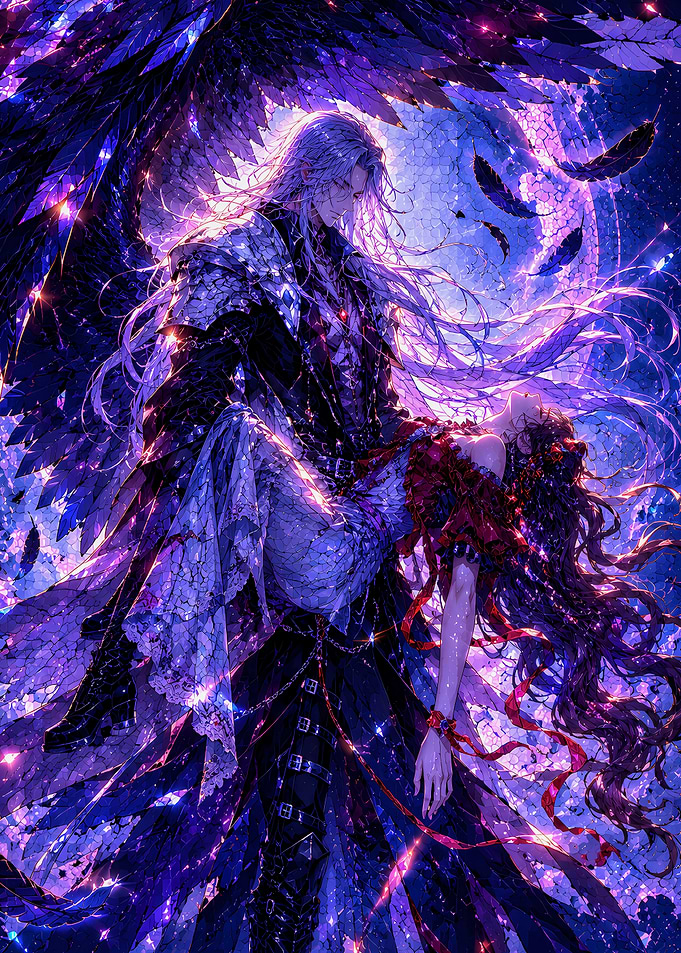 Dark Angel Carrying Woman Under Purple Moon
