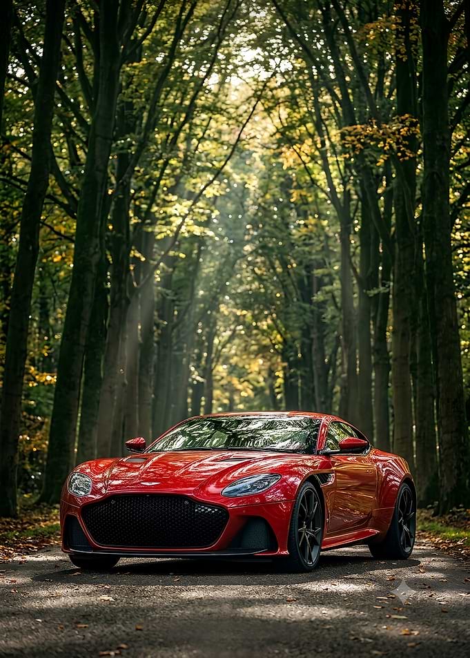 Red Aston Martin DBS in Sunlit Forest