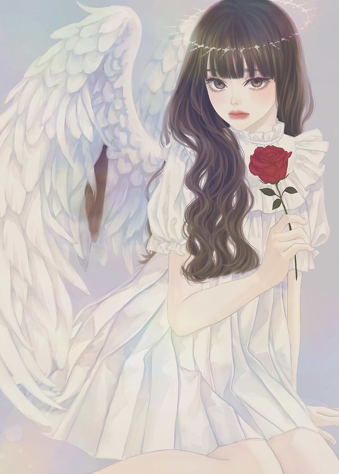 Anime Angel Holding a Red Rose