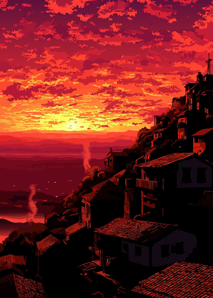 Vibrant Sunset Over a Hillside Village