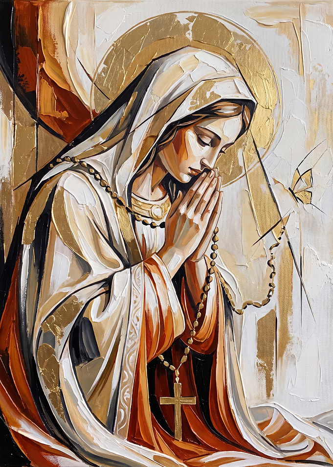 Virgin Mary Praying with Rosary Painting