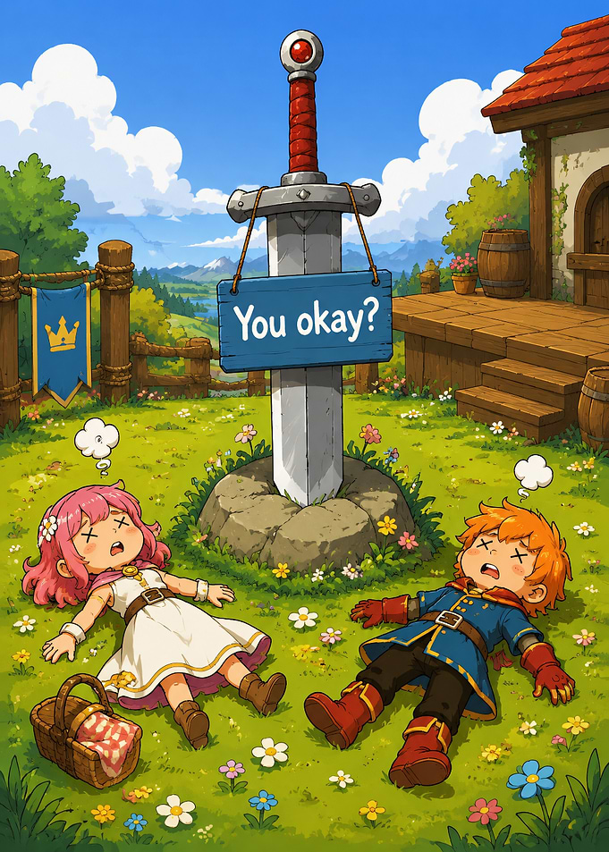 Exhausted Chibi Heroes and Giant Sword