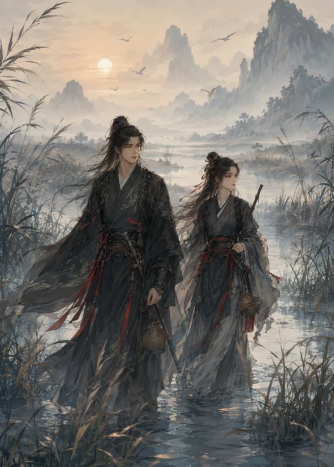 Wuxia Warriors in Misty Mountain Landscape