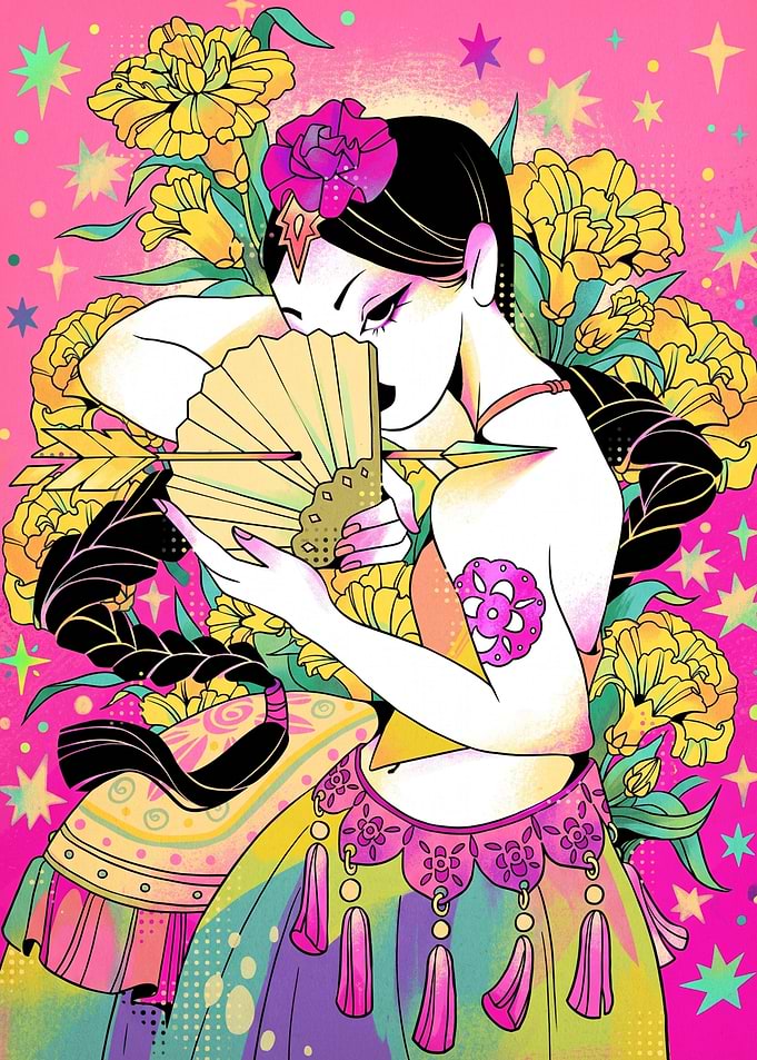 Vibrant Woman with Fan and Arrow