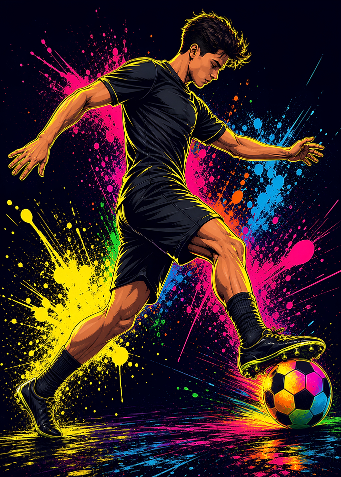Dynamic Soccer Player with Neon Splatters Football