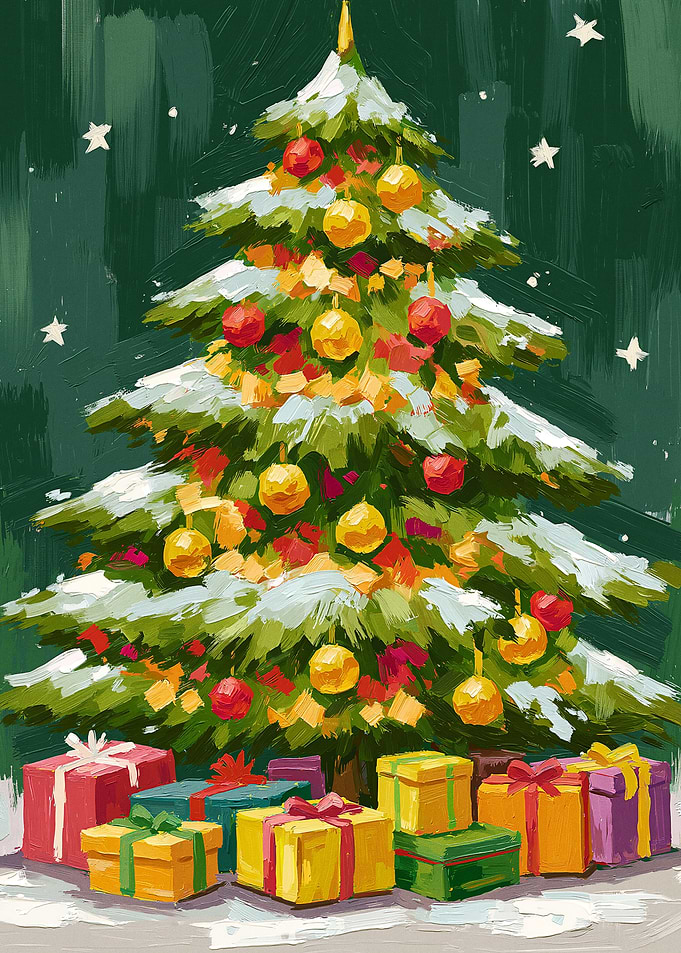 Oil Painting of Decorated Christmas Tree