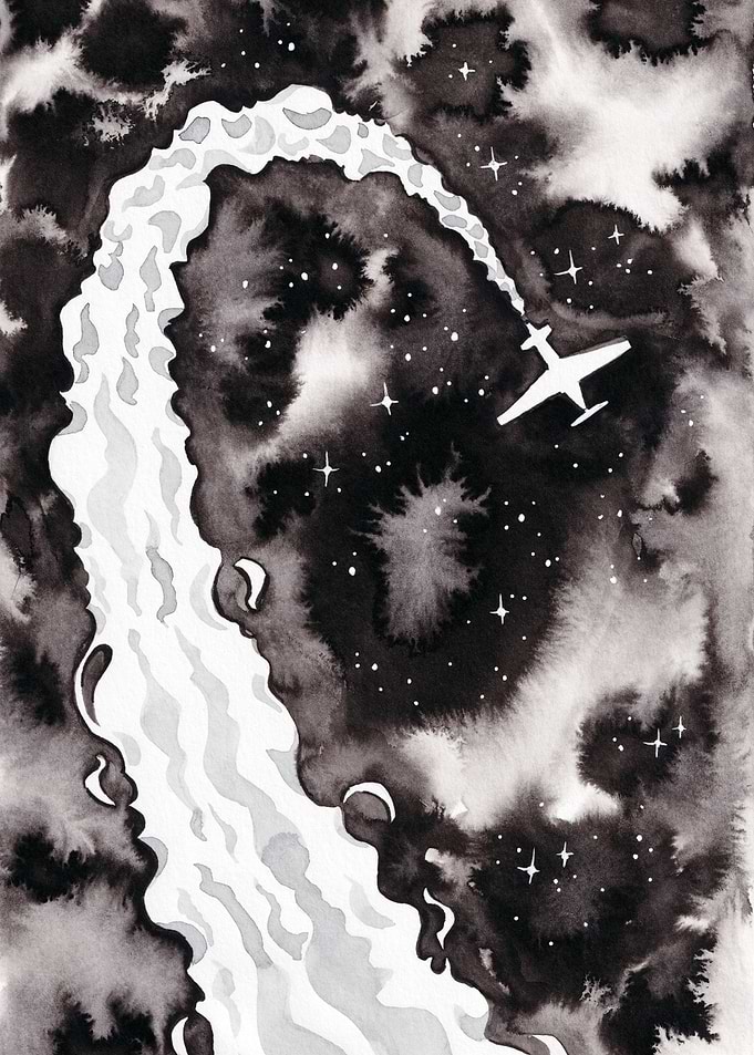 Monochrome Ink Painting of Plane in Space