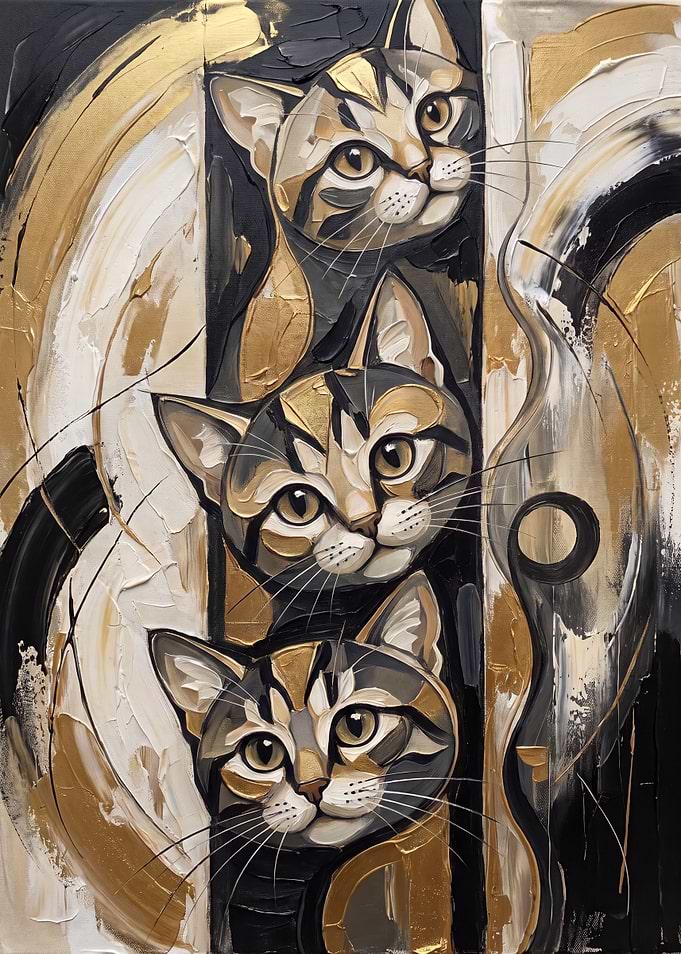Three Stylized Cats in Gold and Black
