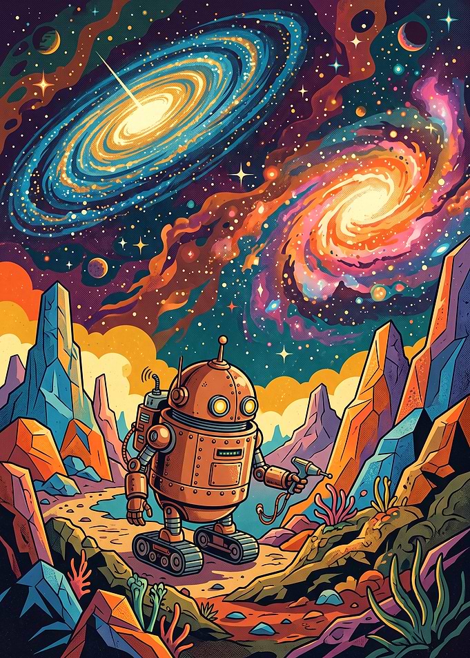 Robot Exploring a Vibrant Alien Planet