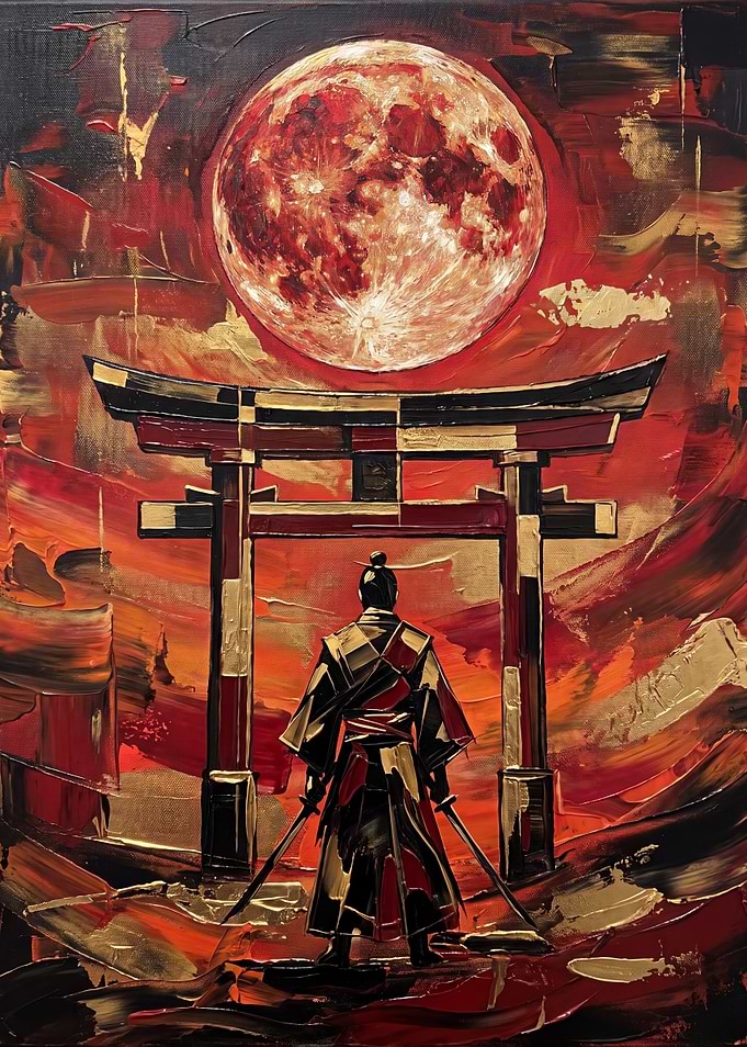 Samurai Under Blood Moon Torii Gate