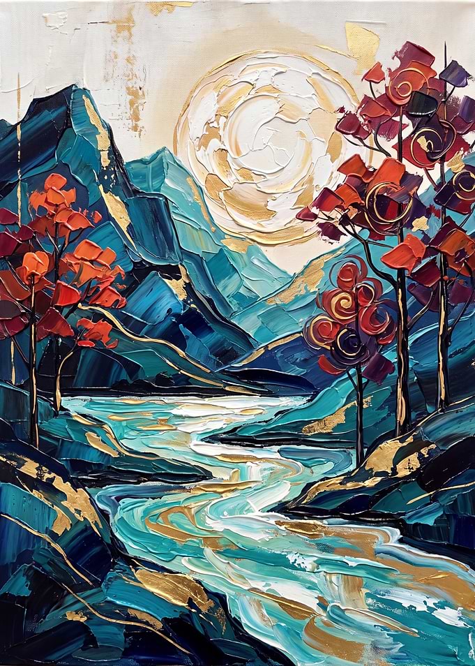 Abstract Mountain Landscape with Golden Sun