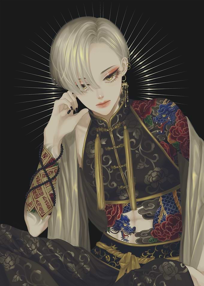Stylish Anime Character with Dragon Tattoos