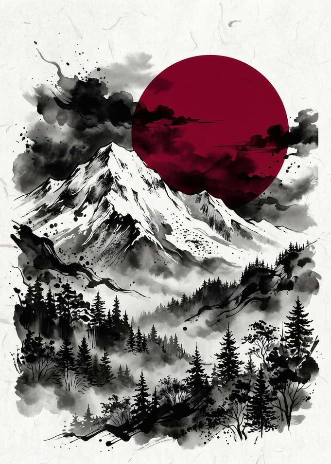 Ink Wash Mountain Landscape with Sun