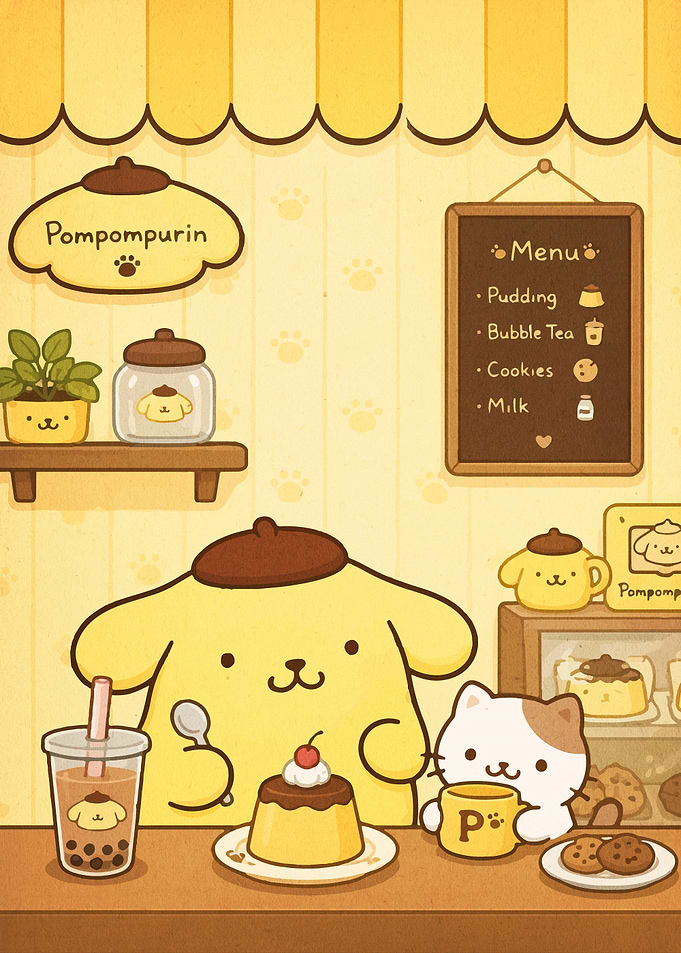Pompompurin and Muffin at a Cozy Cafe