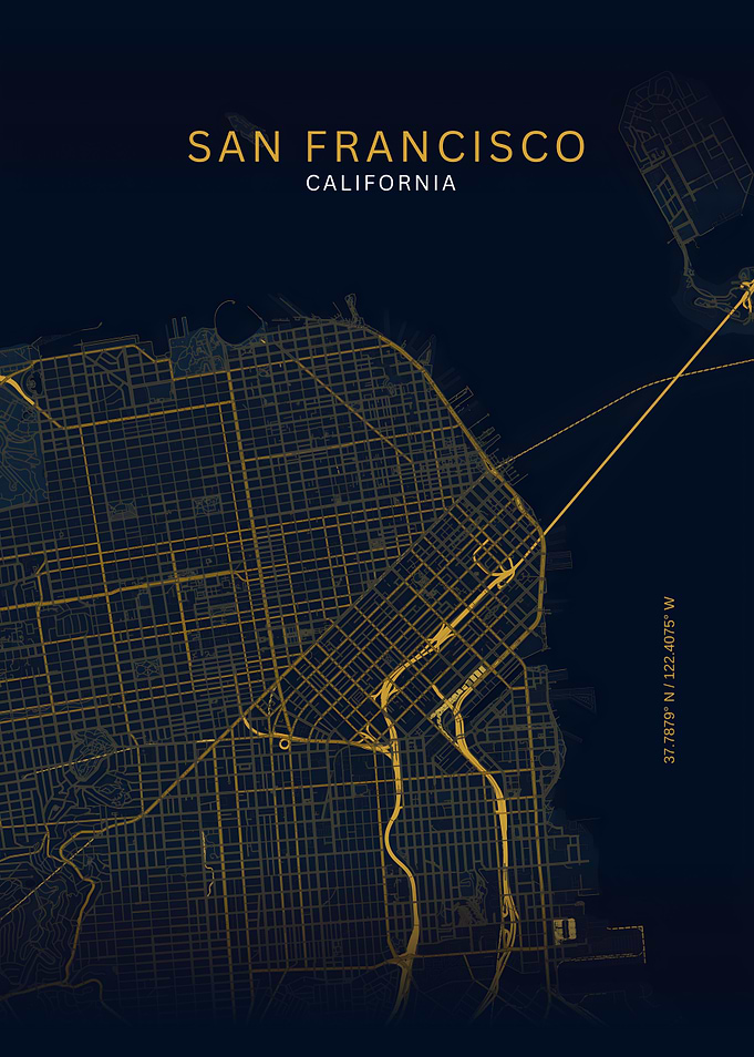 San Francisco California Gold Map Art