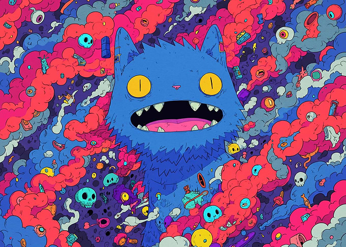 Surreal Blue Cat in Chaotic Dreamscape