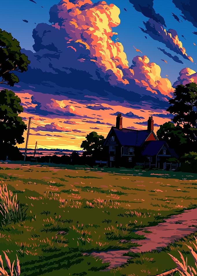 Vibrant Sunset Over Country House