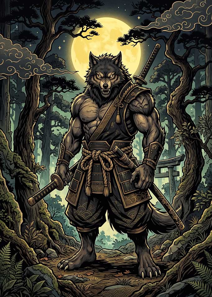 Samurai Wolf Warrior Under Full Moon