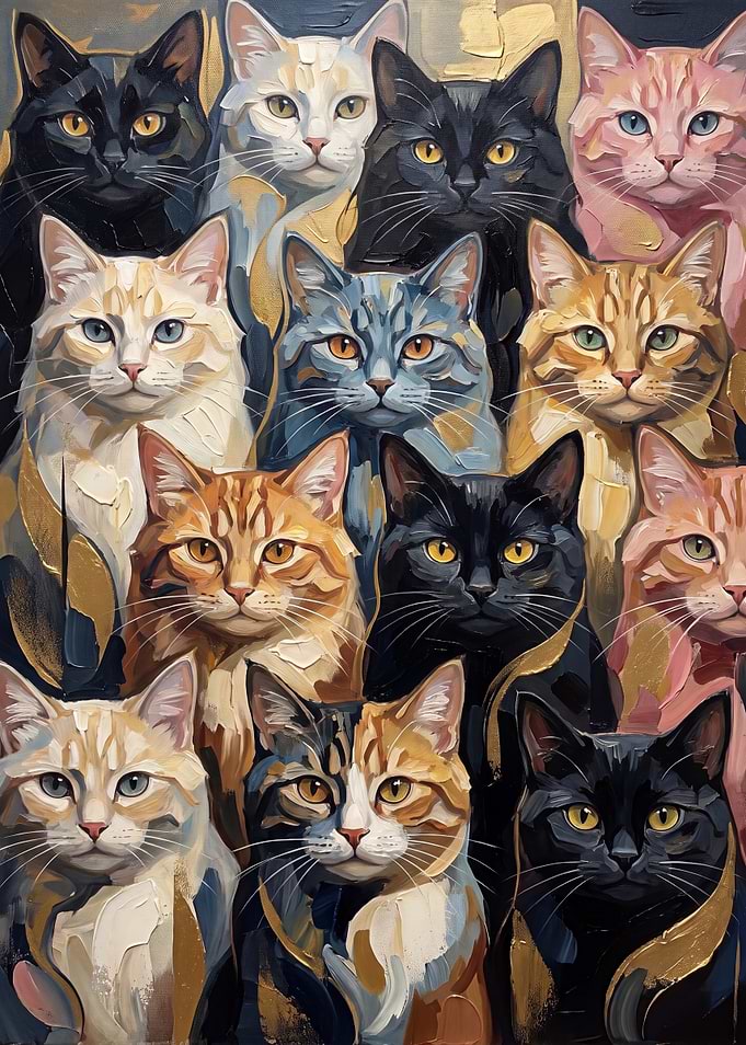 Oil Painting Portrait of Many Cats