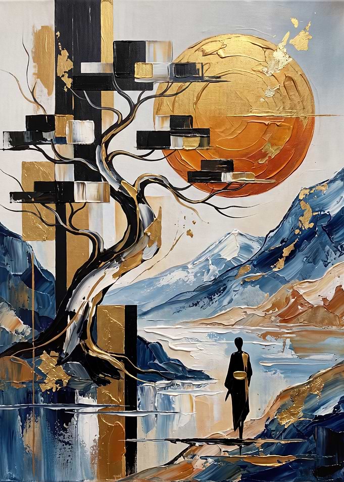 Abstract Japanese Landscape with Bonsai and Samurai