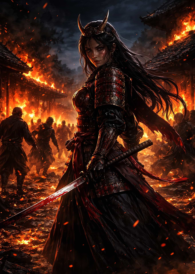 Oni-Horned Samurai Woman in Burning Village