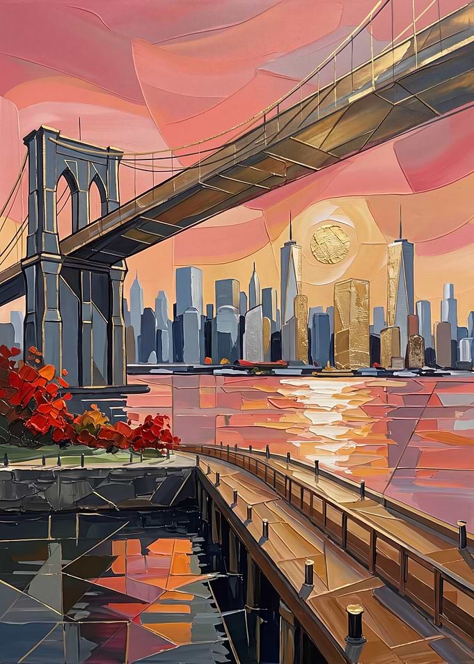Brooklyn Bridge and Manhattan Skyline Sunset Painting