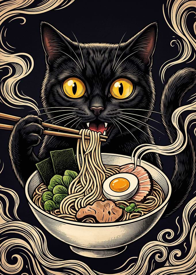 Black Cat Eating Ramen Illustration
