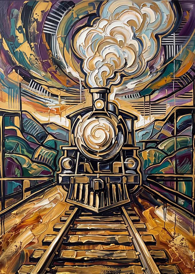 Abstract Steam Locomotive on Tracks