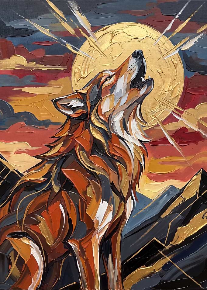 Wolf Howling at Golden Moon Painting
