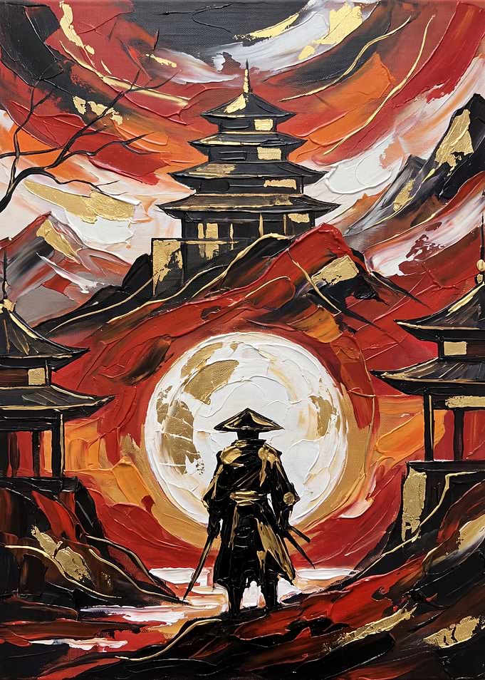 Samurai Warrior at Pagoda under Full Moon