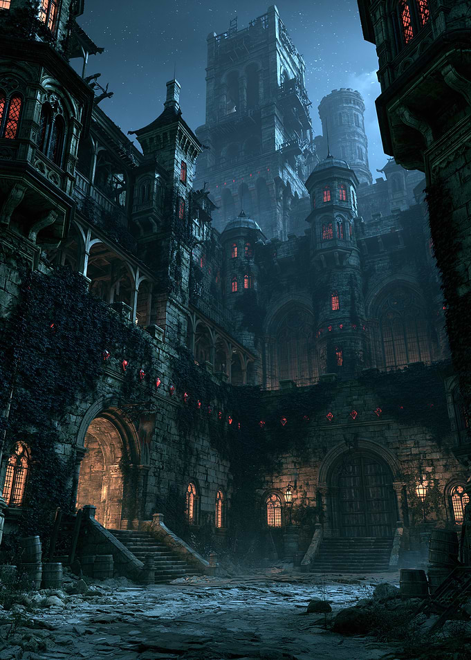 Gothic Castle Courtyard at Night