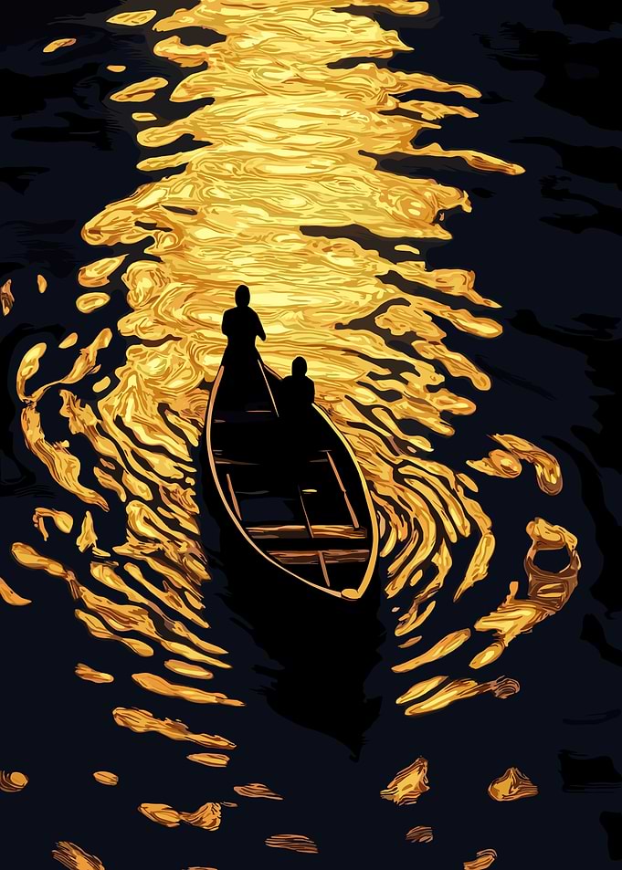 Silhouetted Boat on Golden Water