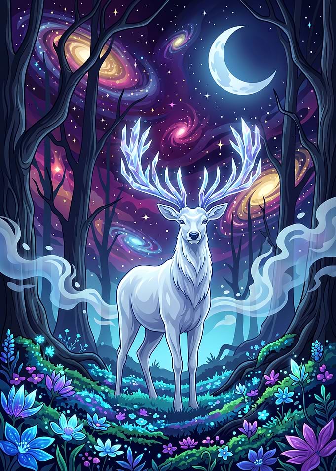 White Stag with Crystal Antlers in Cosmic Forest