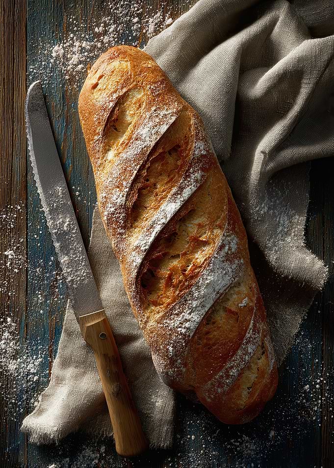 Freshly Baked Baguette with Bread Knife