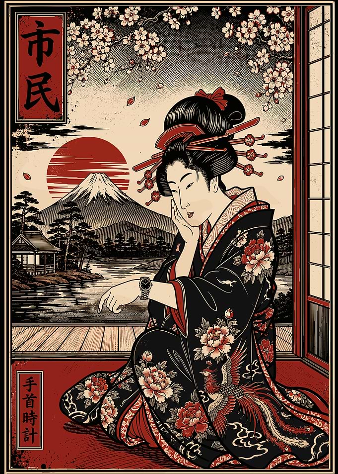 Geisha with Watch Ukiyo-e Print