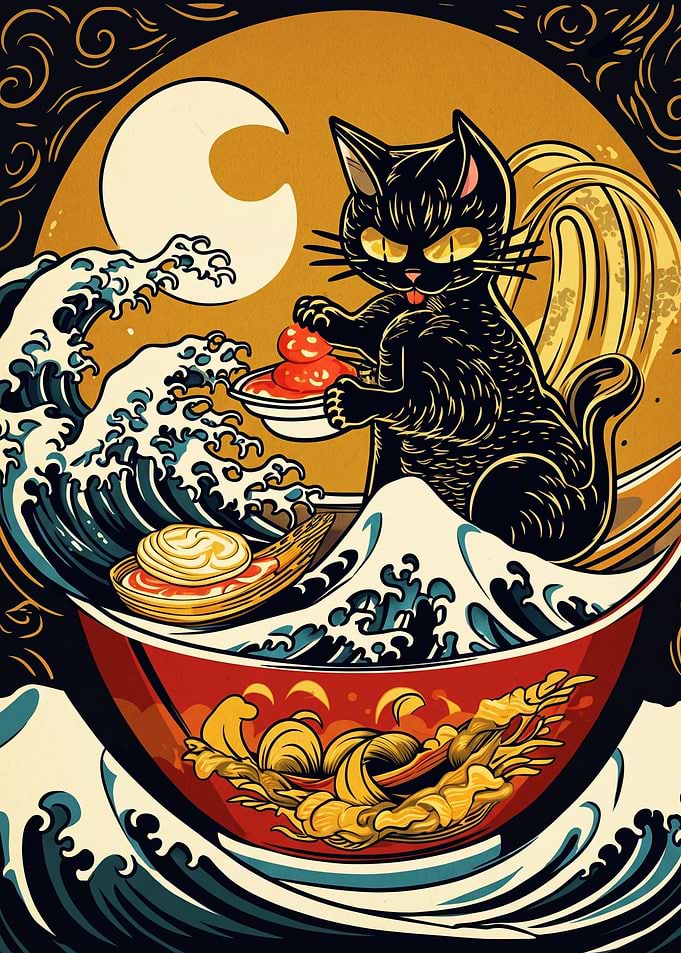 Black Cat in Great Wave Ramen Bowl