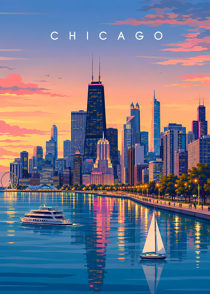 Chicago Skyline Sunset, Travel Poster