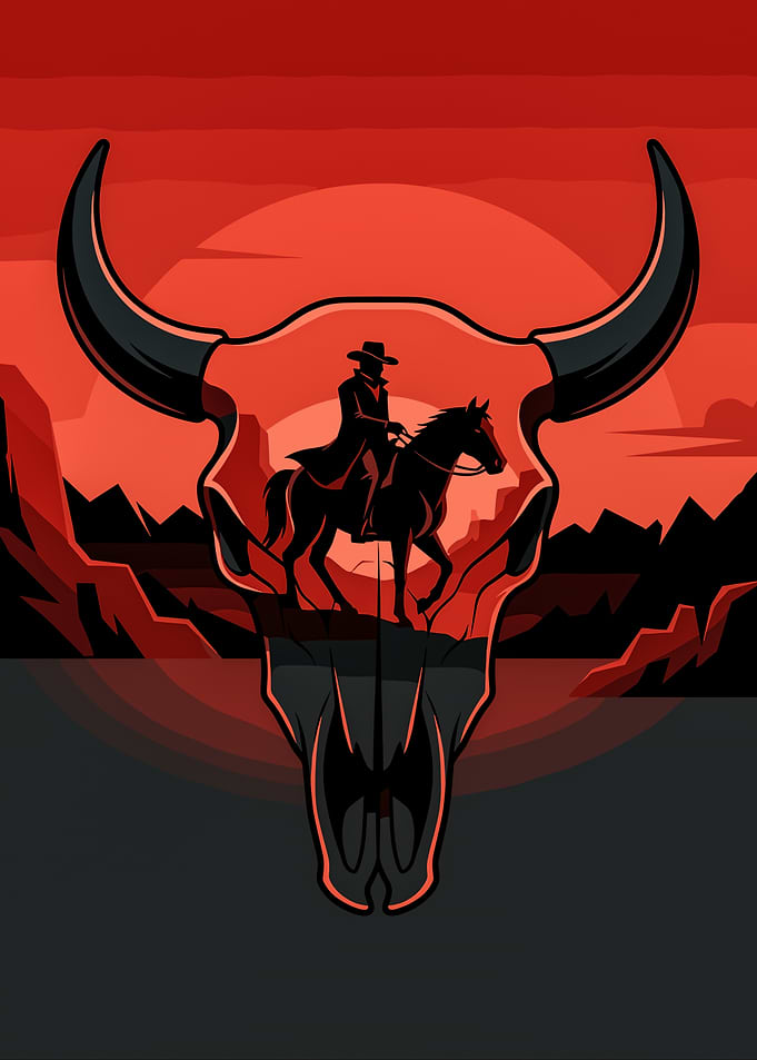 Western Cowboy Silhouette Bull Skull Art