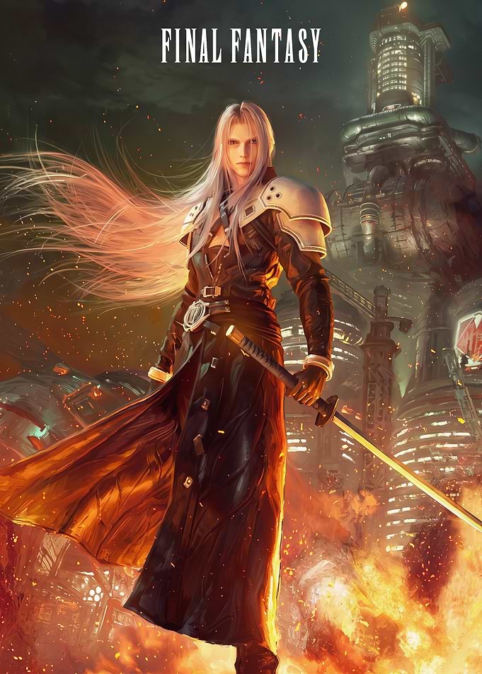 Sephiroth Amidst the Flames of Midgar