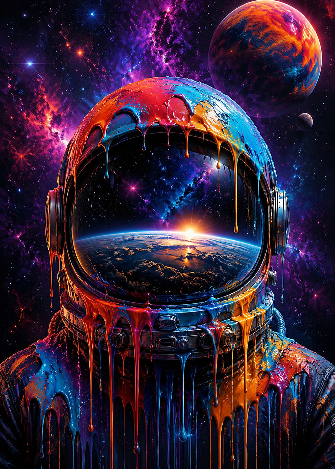 Vibrant Paint-Dripping Astronaut in Deep Space
