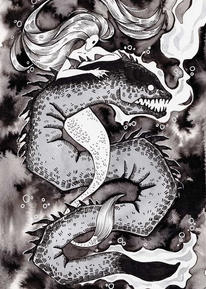 Mermaid Hugs a Giant Sea Serpent
