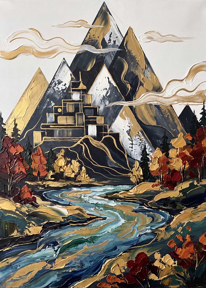 Abstract Golden Mountain and River Landscape