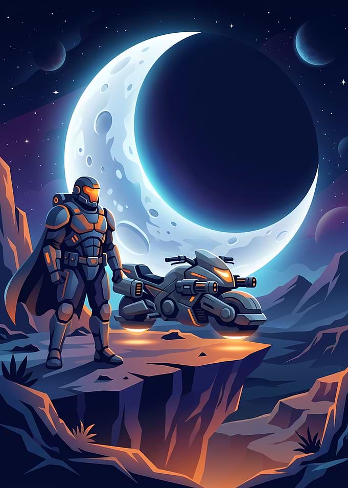 Futuristic Soldier with Hoverbike on Alien Planet