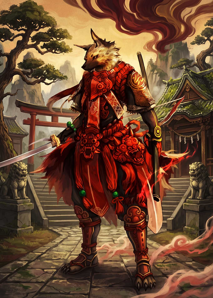Anthropomorphic Hyena Samurai in Red Armor