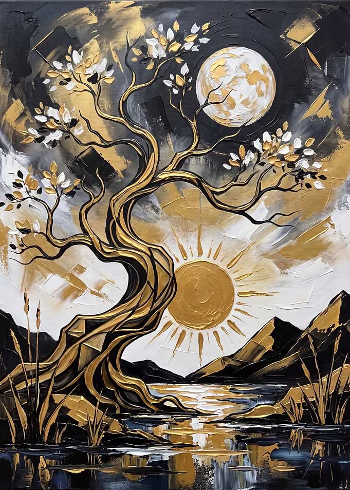 Golden Tree with Sun and Moon Painting
