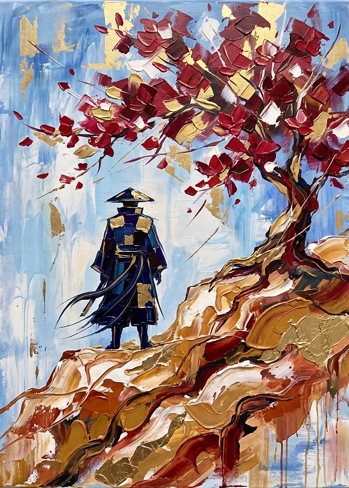 Samurai Under a Red Blossom Tree