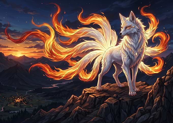 Majestic Nine-Tailed Fire Fox on Mountain