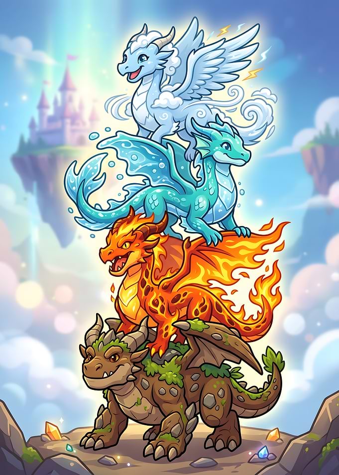 Elemental Dragon Stack in Magical Sky